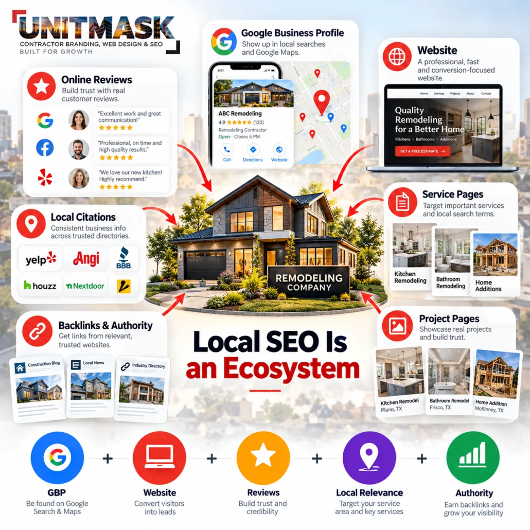 local-seo-ecosystem-us-contractors-unitmask Local SEO ecosystem for U.S. contractors showing Google Business Profile, website, reviews, local citations, service pages, project pages and backlinks