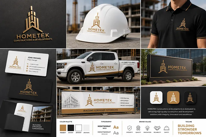 Luxury Home Builder Logo Design & Construction Branding USA Gold HOMETEK construction logo with skyscraper symbol displayed on contractor truck, safety helmet, polo shirt, business cards and outdoor signage.