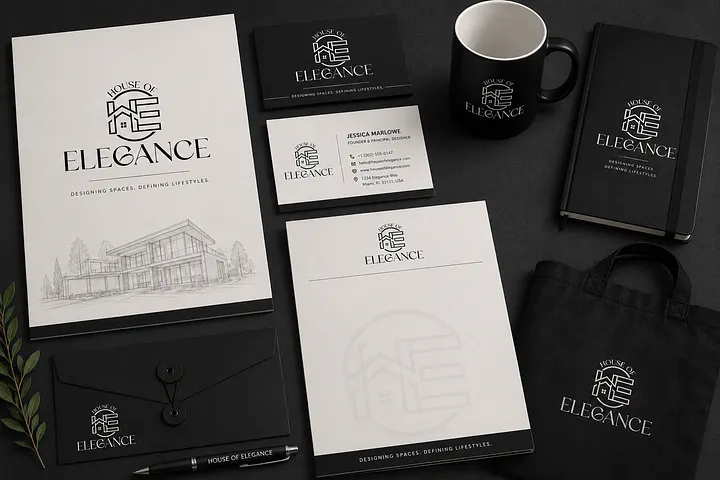 Luxury Interior Design Company Logo & Brand Identity USA Black and white House of Elegance interior design logo featuring a house monogram on business cards, letterhead, notebook, mug and branded tote bag.