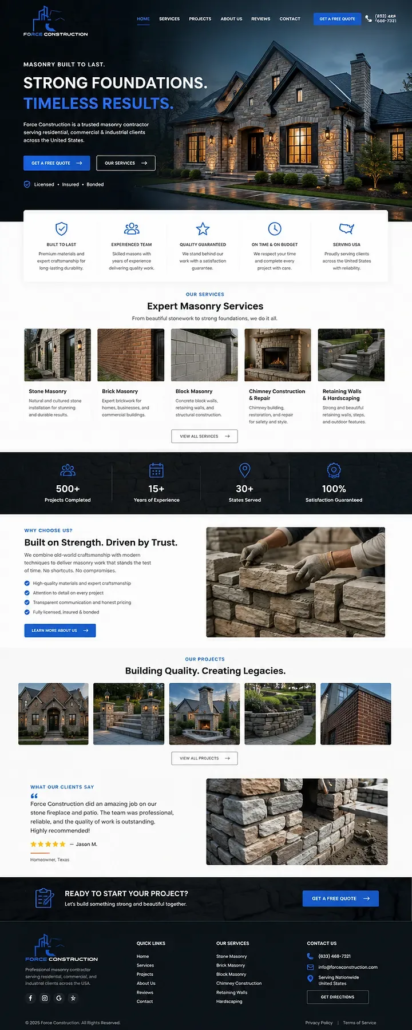 Masonry Contractor Website Design Example for U.S. Brick & Stone Contractors Masonry contractor website design example for a U.S. brick and stone masonry company, featuring a professional construction website layout.
