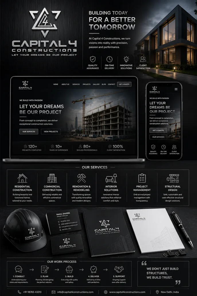 Modern General Contractor Logo & Website Branding Design USA Silver geometric Capital 4 Constructions logo with black branding, responsive construction website mockups, safety helmet, business cards and stationery.