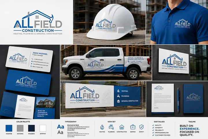 Multi-Trade Contractor Logo Design for Plumbing & Construction USA Blue and gray All Field Construction logo with roof, plumbing and heating symbols displayed on a pickup truck, hard hat, polo shirt, business cards and signage.