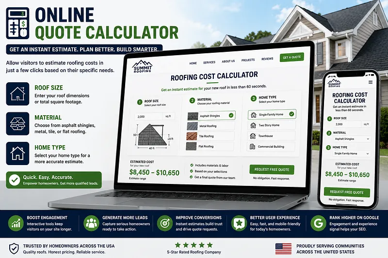 Online Roofing Quote Calculator Website Design Online roofing cost calculator displayed on desktop and mobile, with roof size, roofing material, home type, and estimated project cost fields.