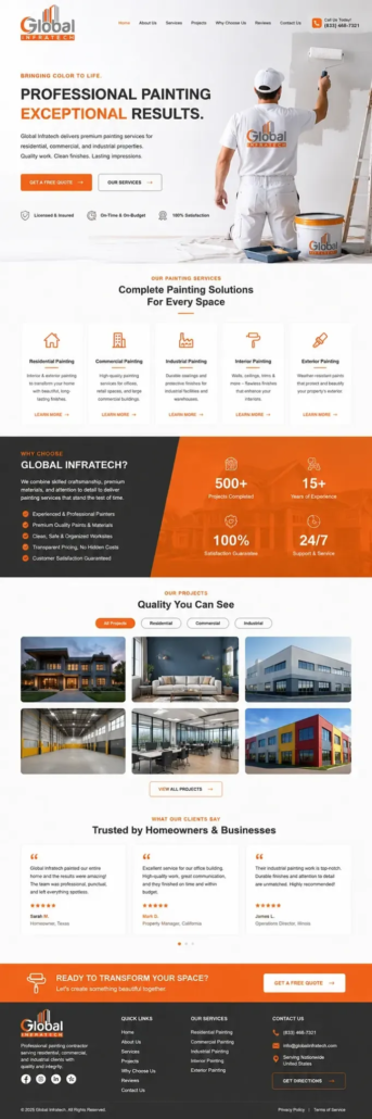 Painting Contractor Website Design Example for U.S. Painting Companies Painting contractor website design example for a U.S. painting company, featuring a professional website layout for residential and commercial painting services.