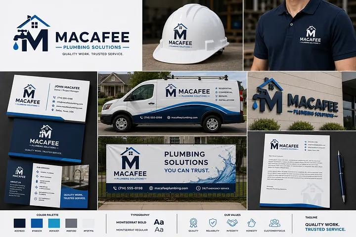Professional Plumbing Company Logo Design & Branding USA Blue MACAFEE Plumbing Solutions logo with house and water drop symbol displayed on service van, hard hat, polo shirt, business cards and signage.