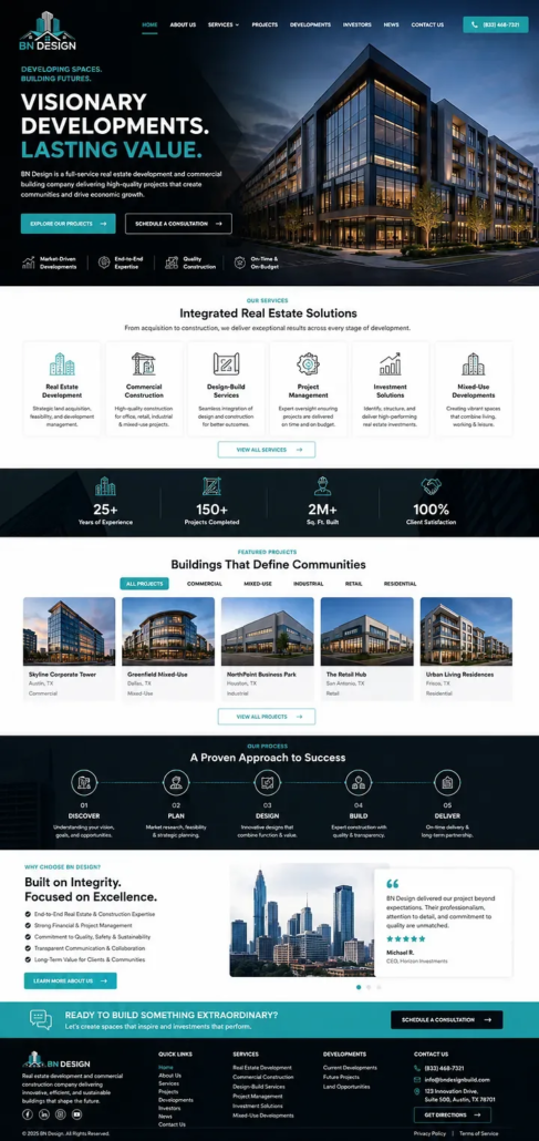 Real Estate Development & Builder Website Design Example USA Real estate development and builder website design example for U.S. property developers, featuring a professional website layout for residential and commercial development projects.
