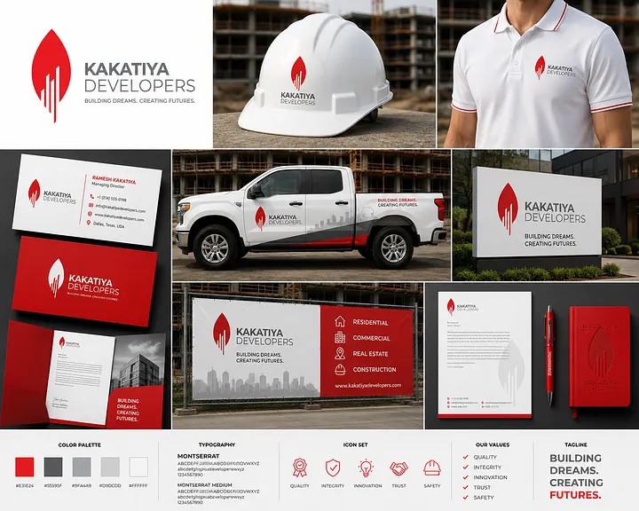 Real Estate Development & Construction Company Logo Design USA Red and gray Kakatiya Developers logo with abstract building symbol displayed on construction truck, hard hat, polo shirt, business cards and signage.