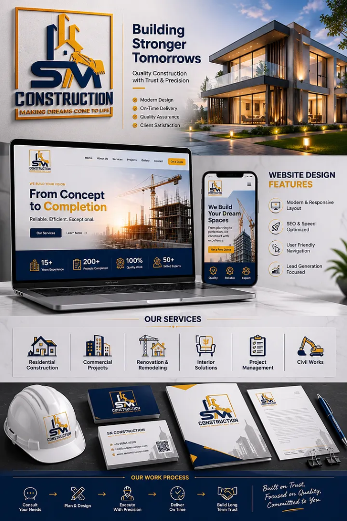 Residential & Commercial Construction Company Logo Design USA Navy blue and gold SM Construction logo with modern house design, contractor website mockups, hard hat, business cards and construction branding materials.