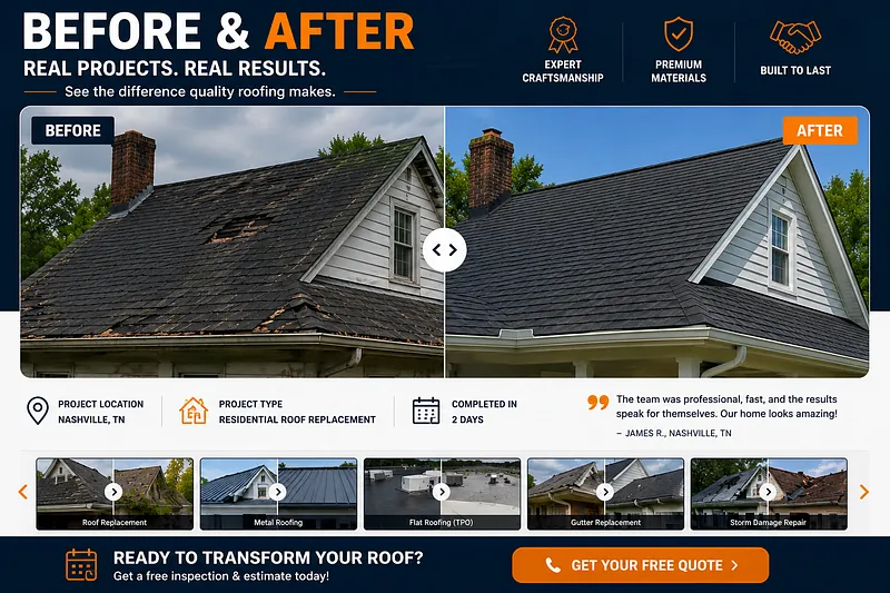 Before and After Roofing Project Gallery Design Before-and-after roofing project gallery showing a residential roof replacement in Nashville, Tennessee, with an interactive comparison slider and completed roofing project examples.