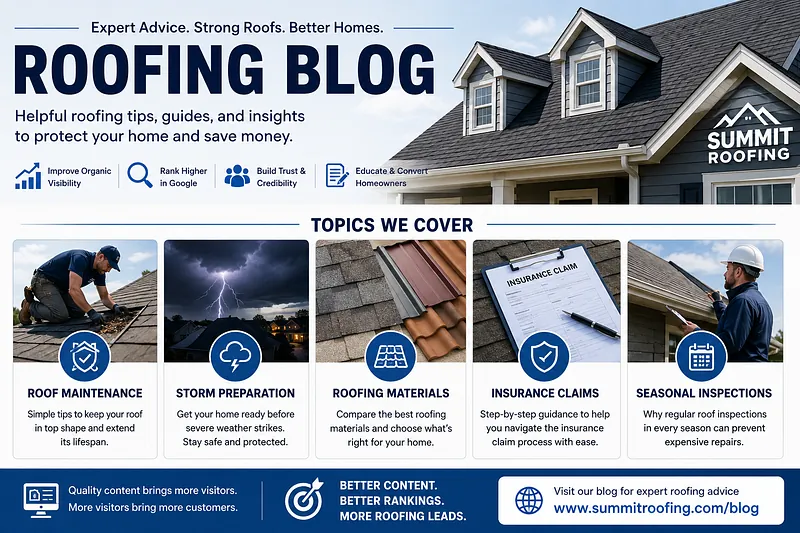 Roofing Company Blog Design for U.S. Contractors Roofing company blog page featuring roof maintenance, storm preparation, roofing materials, insurance claims, and seasonal inspection topics.