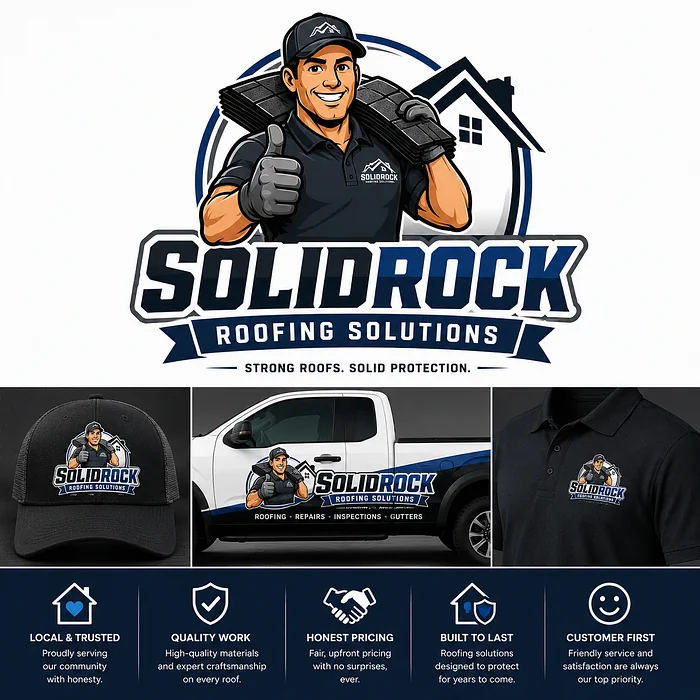 SolidRock Roofing Solutions mascot logo featuring a friendly roofing contractor, roof shingles, and branded truck and uniform mockups.
