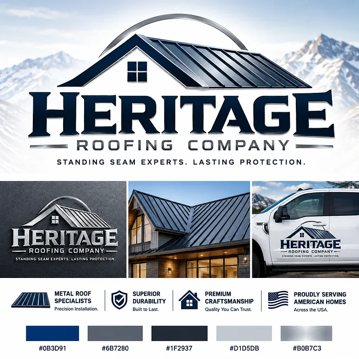 Heritage Roofing Company logo with a standing seam metal roof illustration, mountain background, and branded roofing contractor truck.