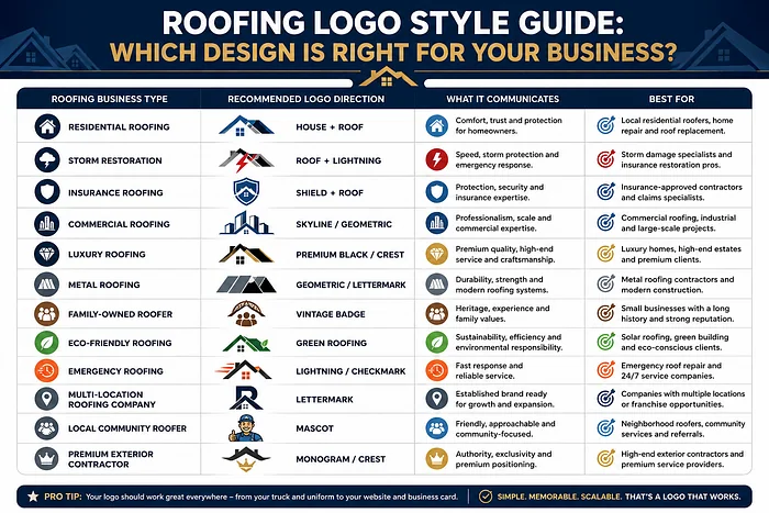 Roofing logo style guide comparing 12 U.S. roofing business types, recommended logo designs, brand messages, and ideal applications.