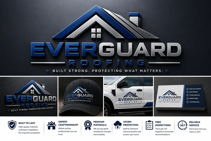 EverGuard Roofing modern 3D logo featuring a blue and silver roof symbol with branded contractor cap, truck, and business card.