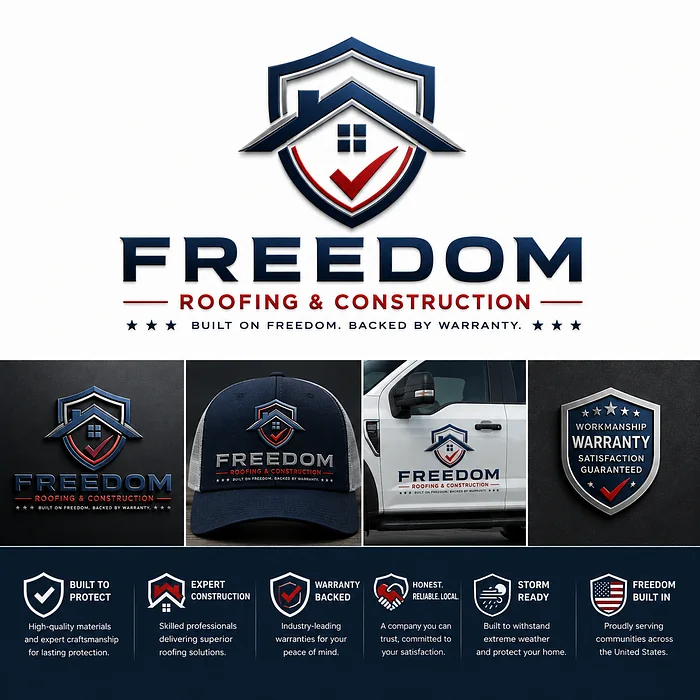 Freedom Roofing and Construction shield logo featuring a house roof, red checkmark, navy lettering, and branded contractor merchandise.