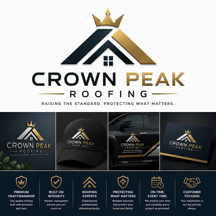 Crown Peak Roofing luxury logo featuring a gold crown above a geometric roof symbol, with premium truck, cap, and business card mockups.