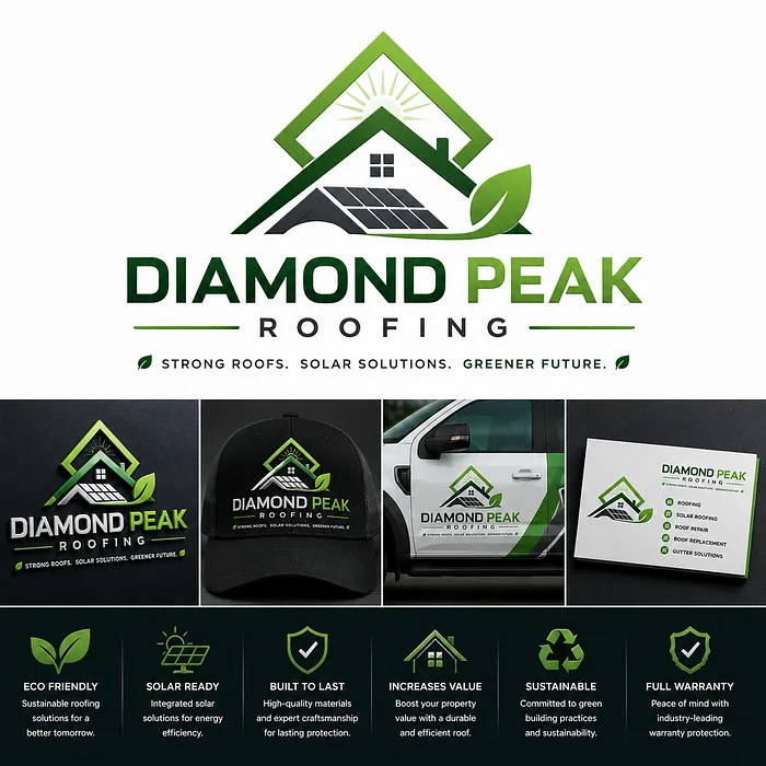 Diamond Peak Roofing green logo featuring a house roof, solar panels, leaf symbol, and sustainable roofing company branding mockups.