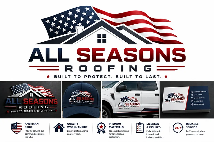 All Seasons Roofing logo with an American flag, residential rooflines, red and navy typography, and branded work truck and cap.