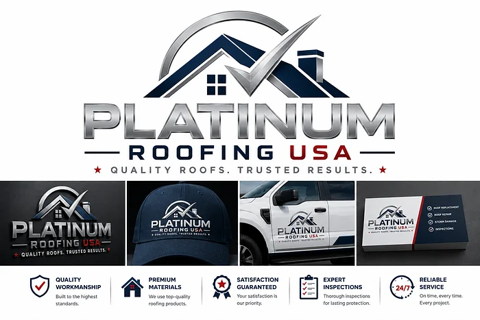 Platinum Roofing USA logo featuring a silver roof and checkmark symbol, metallic typography, and branded roofing contractor truck and hat.