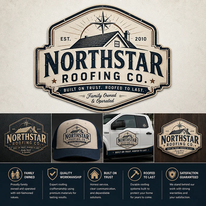 Northstar Roofing Co. vintage badge logo featuring a roof illustration, compass star, cream and navy colors, and branded truck and cap.