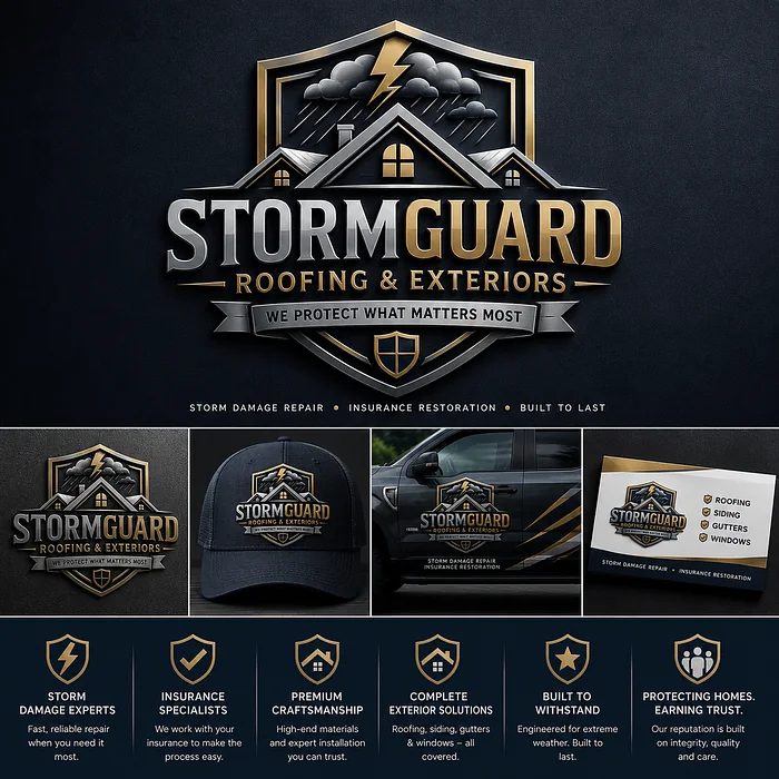 StormGuard Roofing and Exteriors logo featuring a lightning bolt, storm clouds, protective shield, and branded restoration contractor truck.
