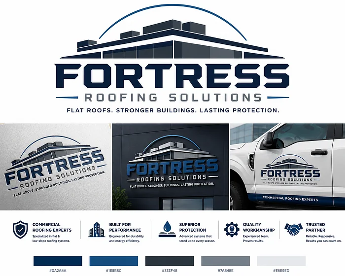 Fortress Roofing Solutions commercial roofing logo featuring a modern flat-roof building silhouette, blue typography, and branded work truck.