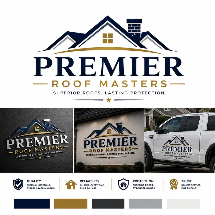 Premier Roof Masters logo featuring layered residential rooflines, navy and gold lettering, and branded roofing company truck and building signage.