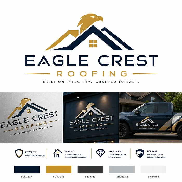 Eagle Crest Roofing logo featuring a gold eagle above navy and gold residential rooflines with branded truck and signage mockups.