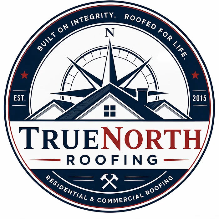 TrueNorth Roofing circular vintage badge logo featuring a compass rose, residential roof illustration, and navy, white, and red typography.