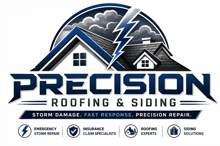 Precision Roofing and Siding logo featuring storm clouds, a lightning bolt, residential rooftops, and bold blue lettering.