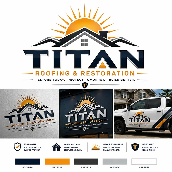 Titan Roofing and Restoration logo featuring an orange sunrise behind residential rooflines with branded truck and building signage.