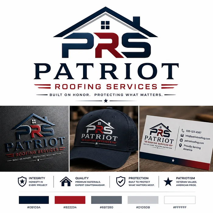 Patriot Roofing Services PRS lettermark logo featuring a house roof, navy and red typography, branded contractor cap, and business card.