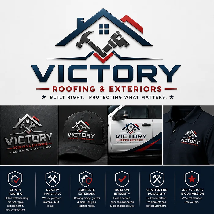 Victory Roofing and Exteriors logo featuring crossed roofing tools, residential rooflines, and navy and red truck and uniform branding.