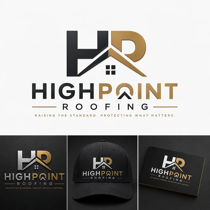 HighPoint Roofing minimalist HP monogram logo featuring integrated rooflines, black and gold typography, and premium cap and business card mockups.