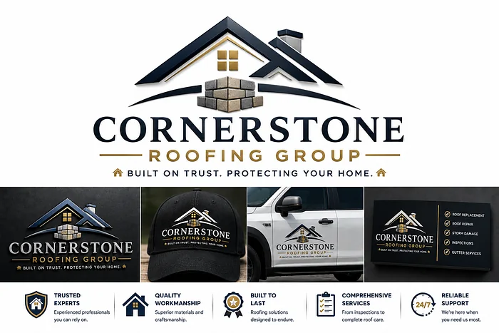 Cornerstone Roofing Group logo featuring a residential roof, stone block symbol, navy and gold typography, and branded contractor truck and cap.