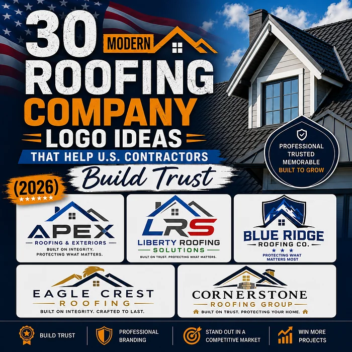 Featured graphic for 30 roofing company logo ideas for U.S. contractors in 2026, showing residential roofing and five professional logo examples.