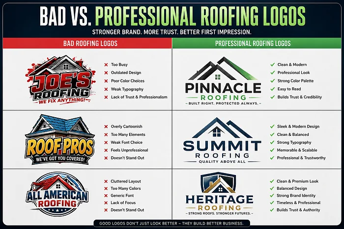 Comparison infographic showing cluttered roofing logos versus clean professional designs, highlighting typography, color balance, readability, and brand identity.
