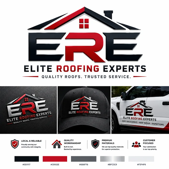 Elite Roofing Experts ERE lettermark logo featuring red and black residential rooflines with branded work truck and contractor cap.