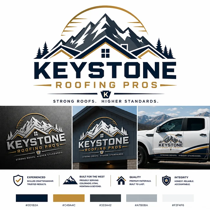 Keystone Roofing Pros logo featuring mountain peaks, pine trees, residential rooflines, and navy and gold branding on a truck and building.