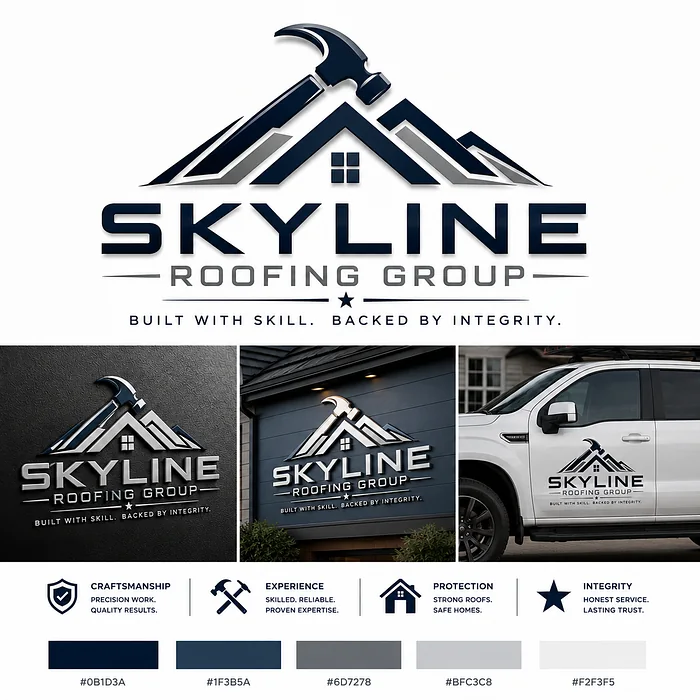 Skyline Roofing Group logo featuring a roofing hammer above geometric house rooflines with navy and silver contractor truck and signage mockups.