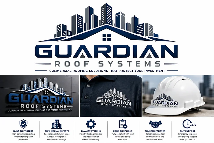 Guardian Roof Systems commercial roofing logo featuring a city skyline, roof silhouette, and navy branding on a work shirt and hard hat.