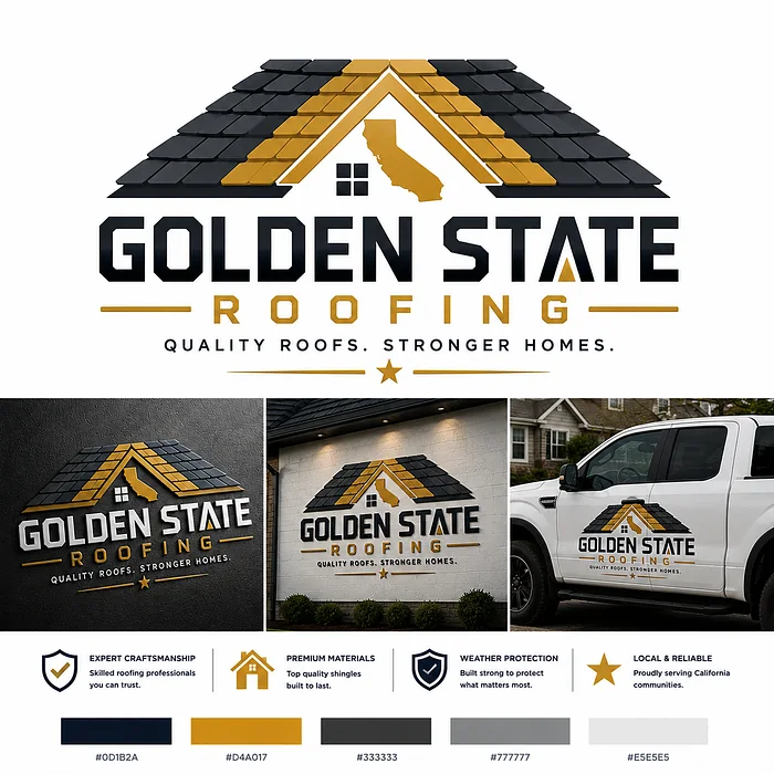 Golden State Roofing logo featuring black and gold roof shingles, a California state silhouette, and branded residential roofing truck.