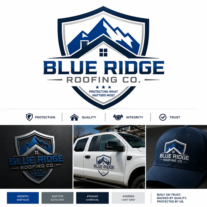 Blue Ridge Roofing Co. logo featuring blue mountain peaks, a residential roof, and a protective shield with branded truck and cap mockups.