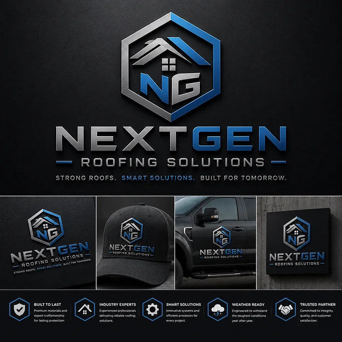 NextGen Roofing Solutions logo featuring an NG monogram inside a blue and silver hexagon with rooflines and branded contractor merchandise.