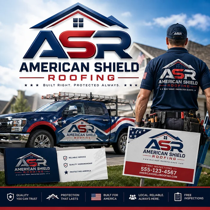 American Shield Roofing ASR logo featuring red, white, and blue rooflines with patriotic truck graphics, contractor uniform, and yard sign.