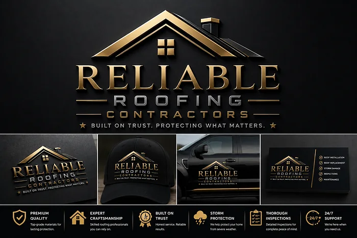 Reliable Roofing Contractors logo featuring a gold residential roof symbol, black typography, and branded truck, cap, and business card mockups.