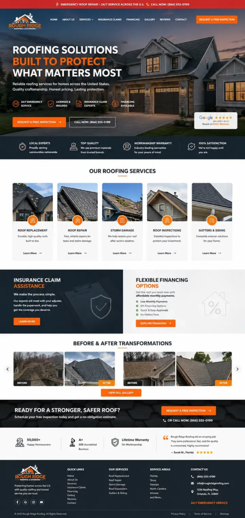 Roofing Contractor Website Design Example USA Roofing contractor website design example for a U.S. roofing company featuring residential roofing services, project galleries, and estimate request options.
