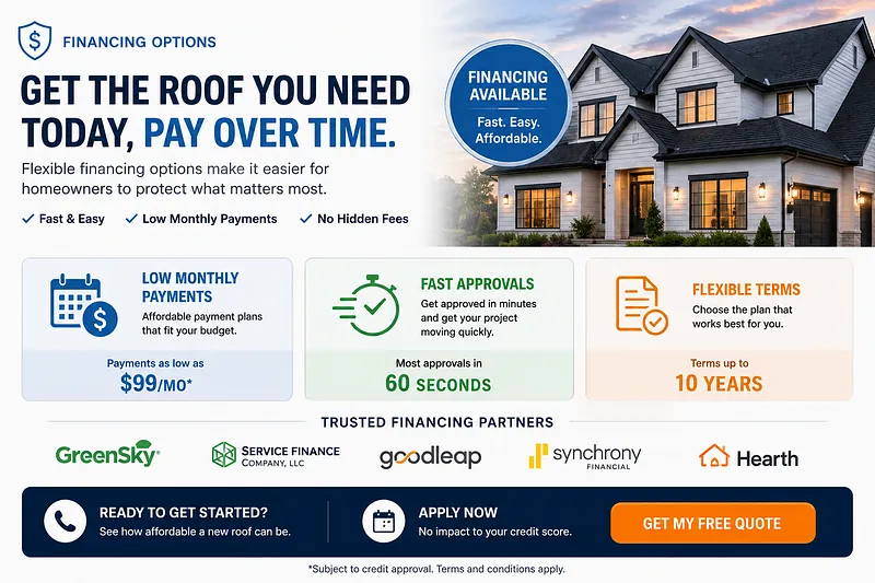 Roofing Website Financing Options Section Roofing company website financing section featuring affordable roof replacement payment plans, monthly payments, fast approvals, and financing options for U.S. homeowners.
