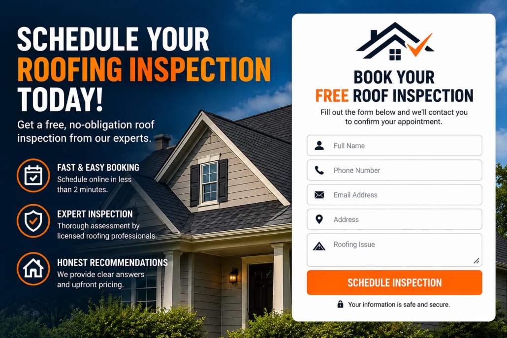 Roofing Inspection Online Booking Form Design Roofing company website featuring an online roof inspection booking form, free inspection offer, homeowner contact fields, and an orange Schedule Inspection button.