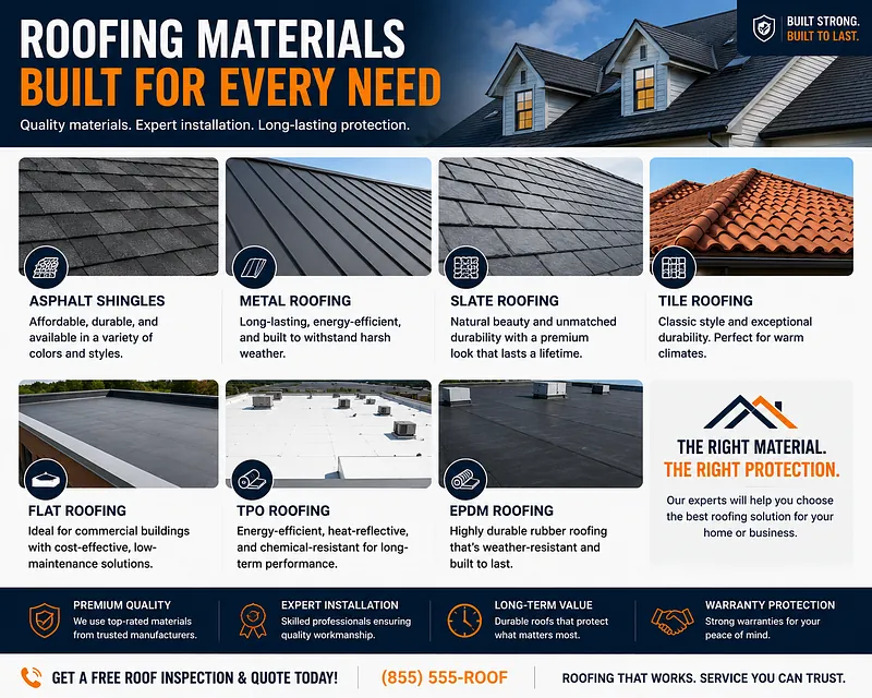 Roofing Materials Showcase Website Design Roofing materials comparison for U.S. homeowners featuring asphalt shingles, metal roofing, slate, tile, flat roofing, TPO, and EPDM roofing systems.